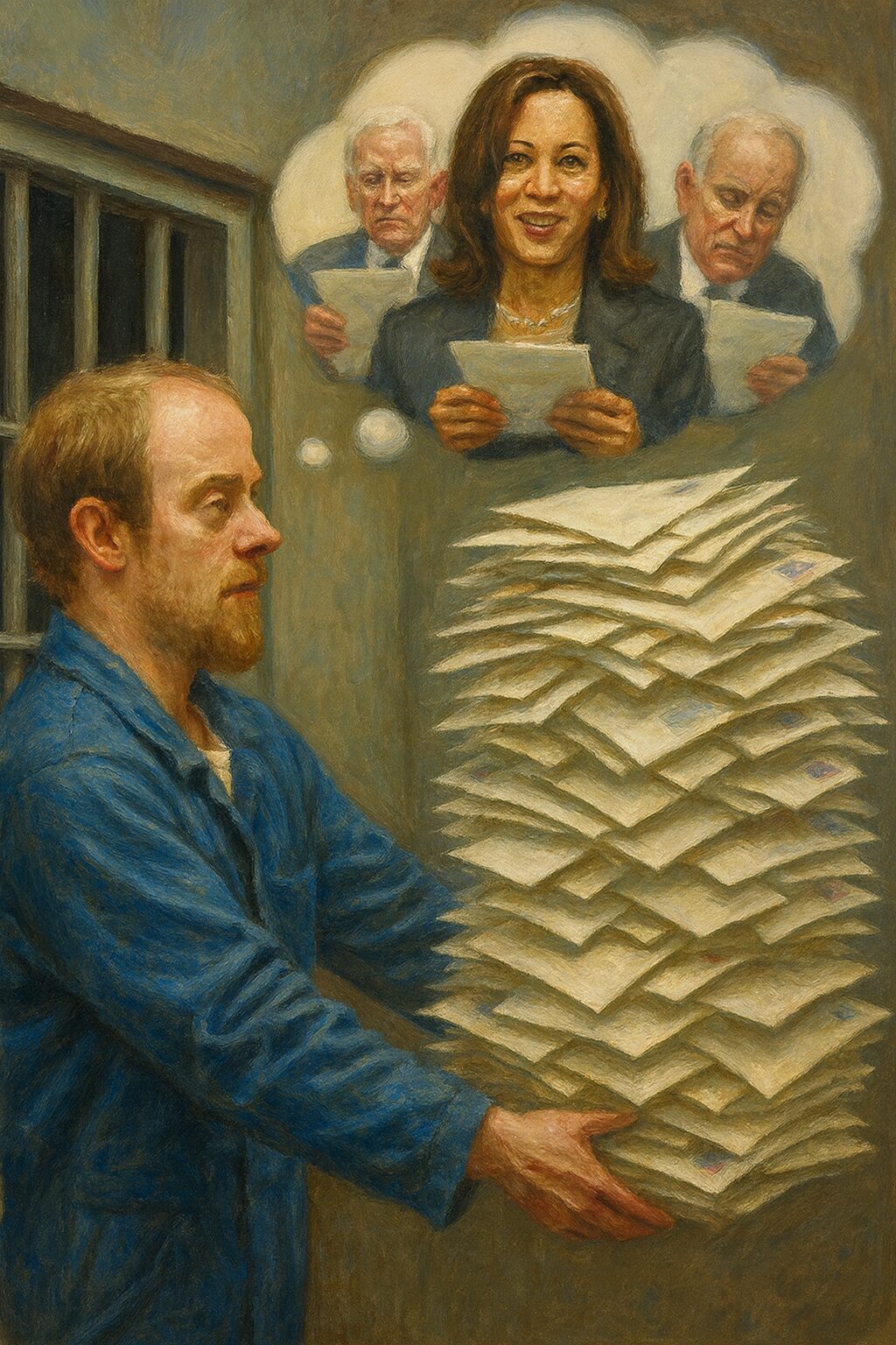 not luke wenke inmate prisoner blue jumpsuit huge stack of letters kamala harris