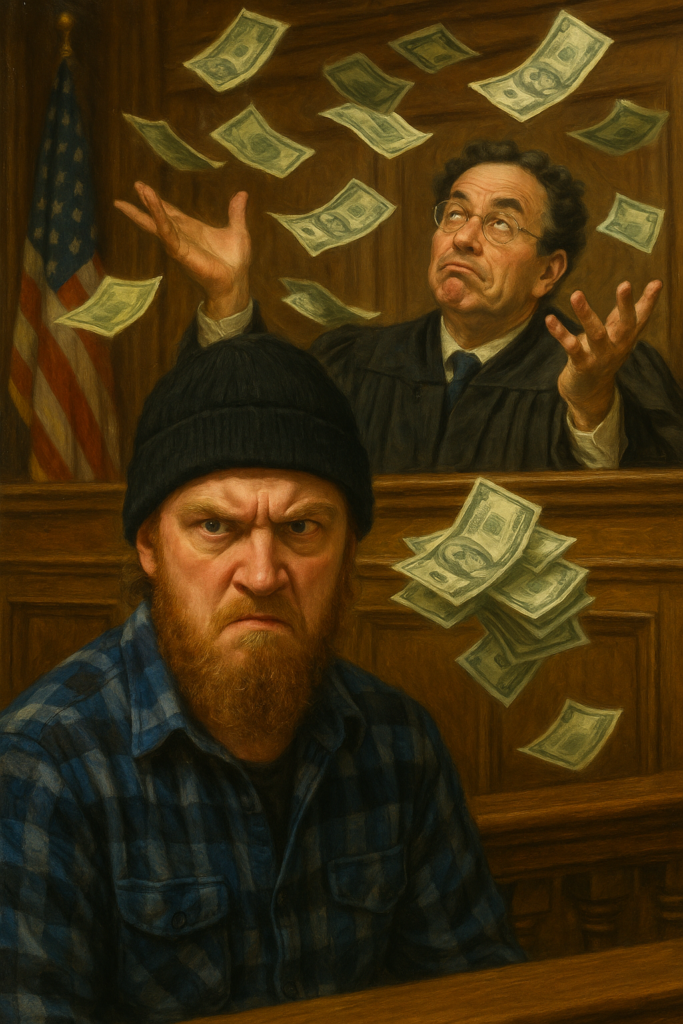 Satirical courtroom illustration of an angry Luke Wenke lookalike in a black beanie glaring from the courtroom while a judge shrugs and tosses dollar bills into the air.