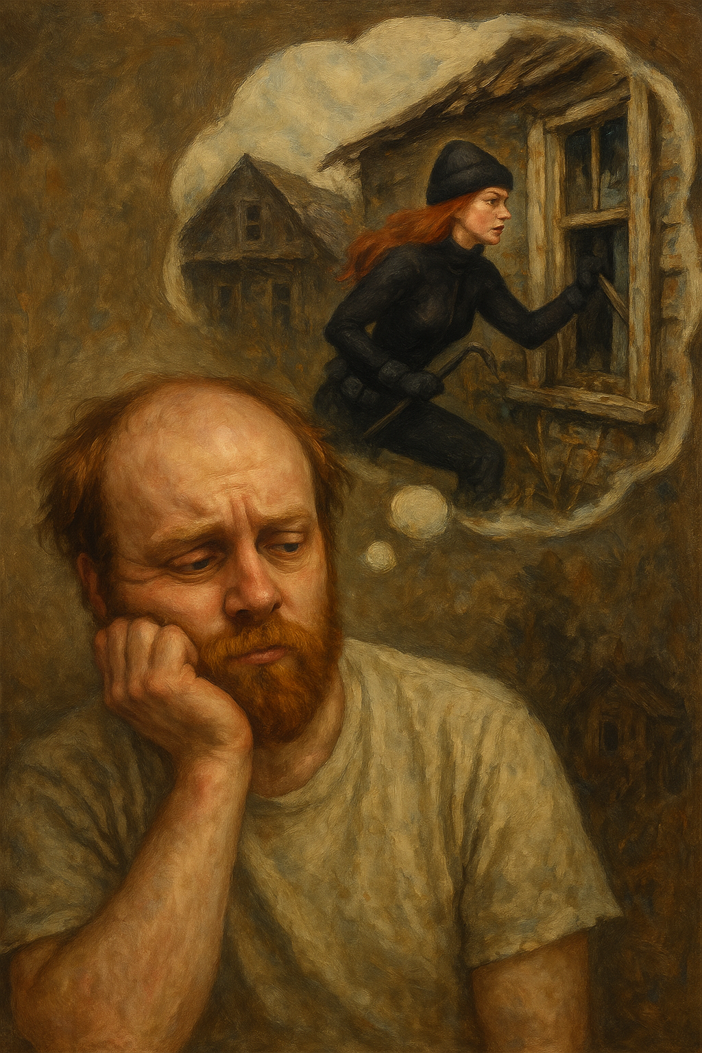 Illustration of a worried Luke Wenke lookalike imagining a redheaded woman dressed in black breaking into a house through a window.