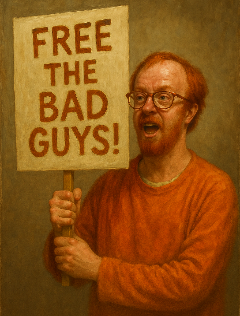 not luke wenke balding white man glasses orange sweatshirt picketer protester demonstrator free the bad guys sign