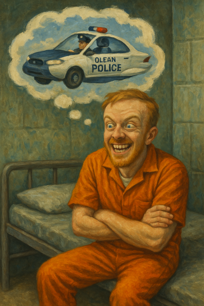 Satirical painting of an excited inmate resembling Luke Wenke sitting in a jail cell while imagining an Olean Police patrol car.