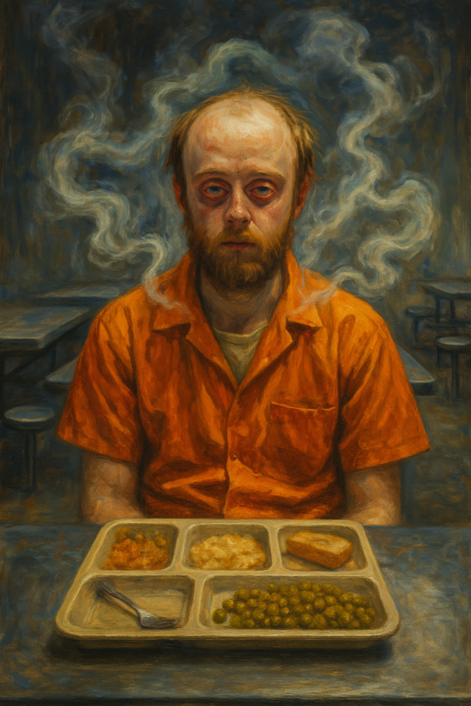 not luke wenke inmate orange jumpsuit balding white man drugged out high smoke cafeteria jail food prison