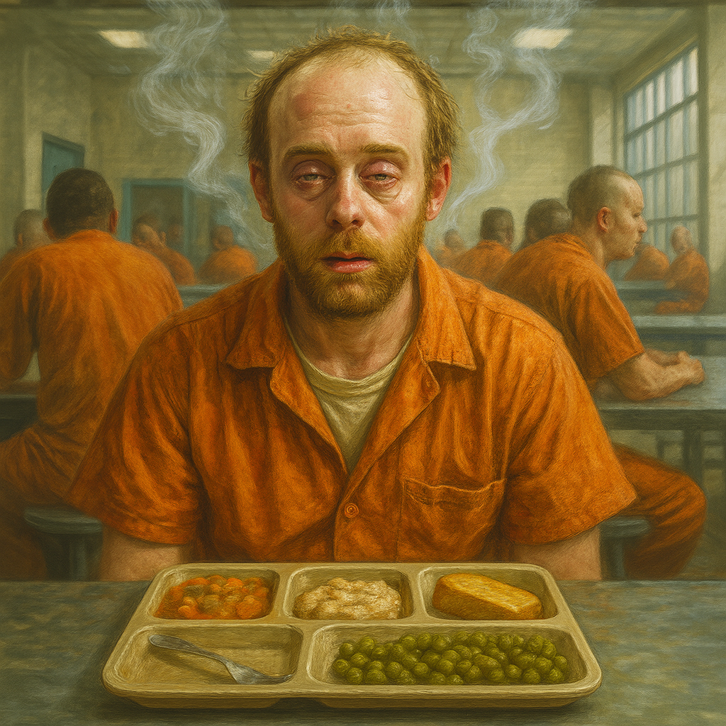 Painterly illustration of a tired, disheveled Luke Wenke lookalike in an orange jail uniform sitting with a food tray in a crowded jail cafeteria. 