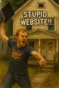 not luke wenke angry white man throwing laptop in front of ramshackle house dark t-shirt rampage