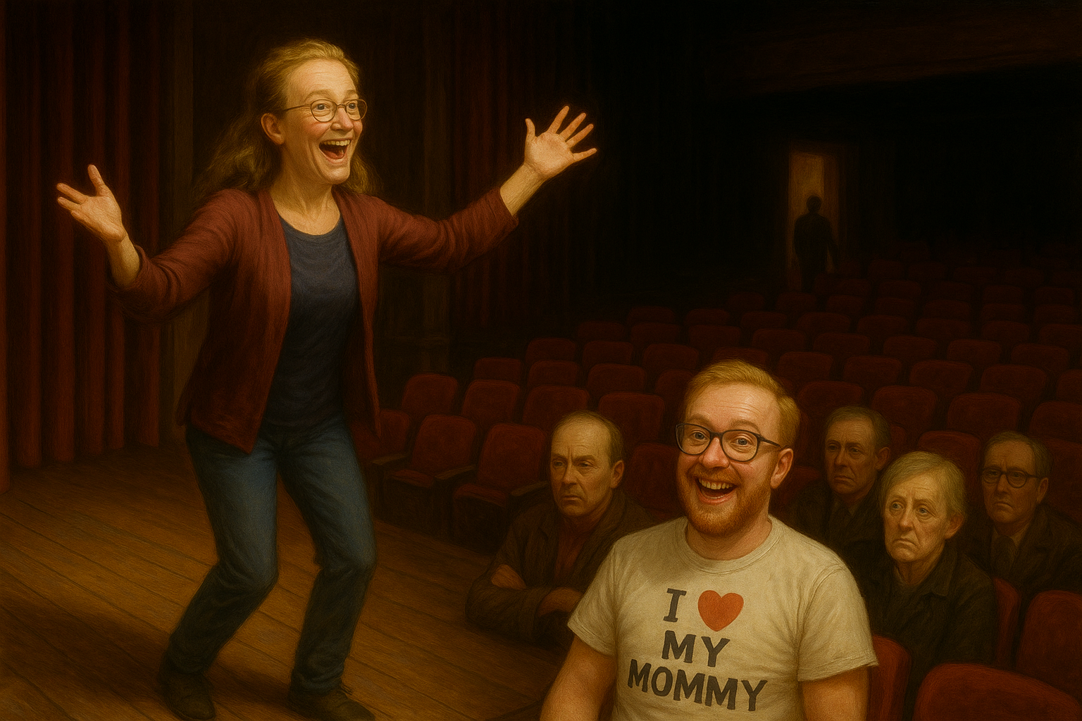 Satirical painting of Janet McCaul performing in an empty theater while Luke Wenke applauds in an “I Love My Mommy” shirt.