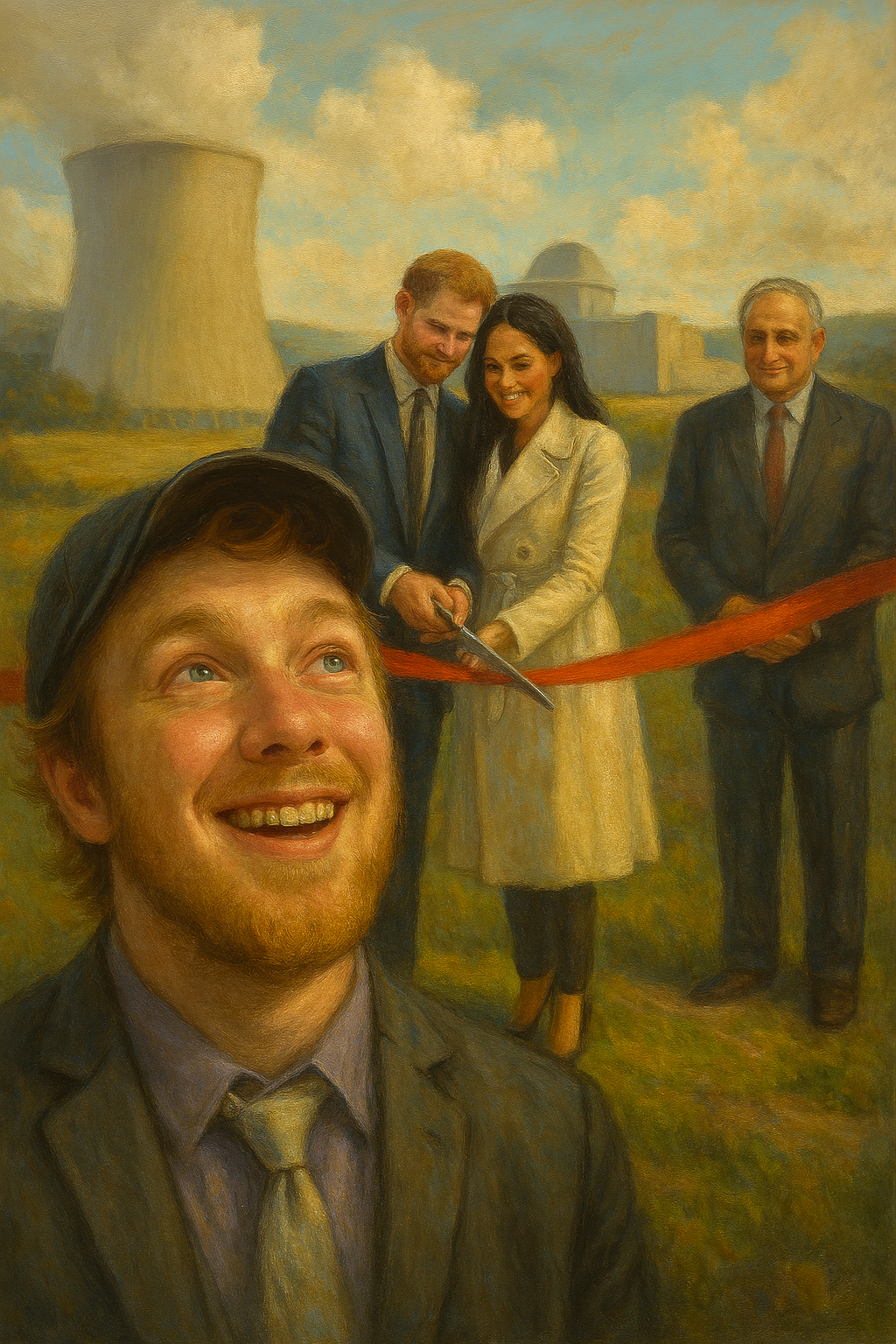 Satirical illustration of a smiling Luke Wenke lookalike in the foreground as a redheaded prince and dark-haired princess cut a red ribbon at a nuclear power plant, with an older man standing nearby.