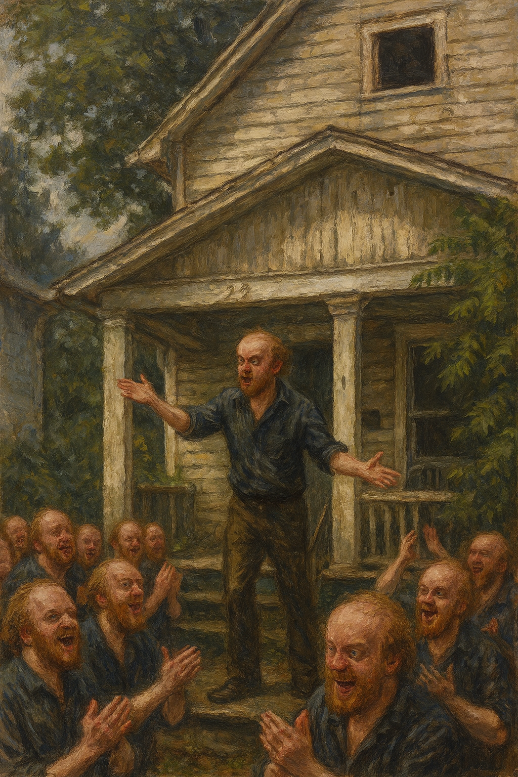Satirical illustration of a Luke Wenke lookalike standing outside a rundown house surrounded by a crowd of identical lookalikes applauding him.