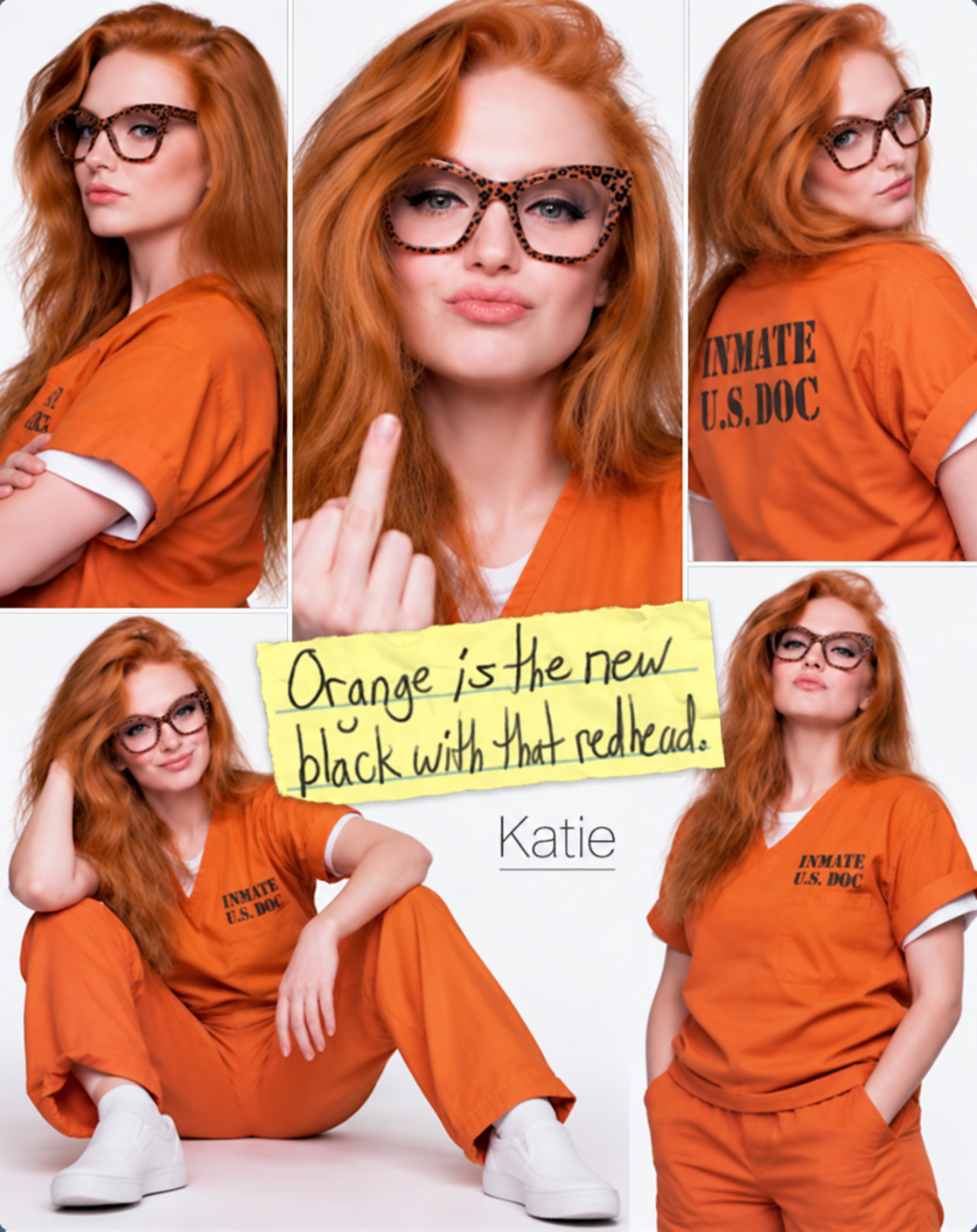 Collage of a redheaded woman in an orange inmate uniform with the handwritten phrase “Orange is the new black with that redhead”