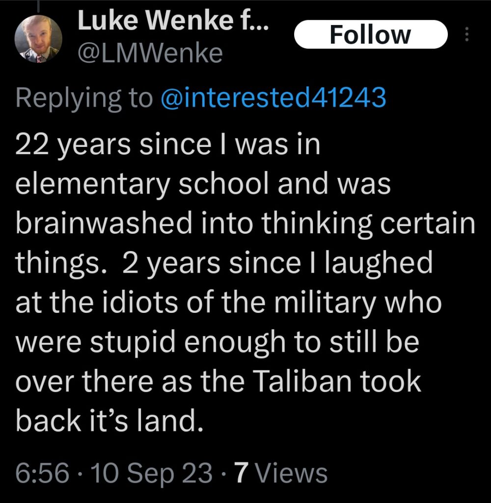 luke wenke hating on the america military the day before 9/11 september 2023
