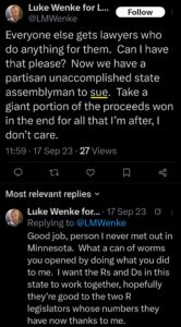 luke wenke x twitter screenshot threats to sue assemblyman david dipietro 2023