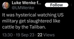 luke wenke x twitter screenshot antimilitary antiamerican antigovernment 2025