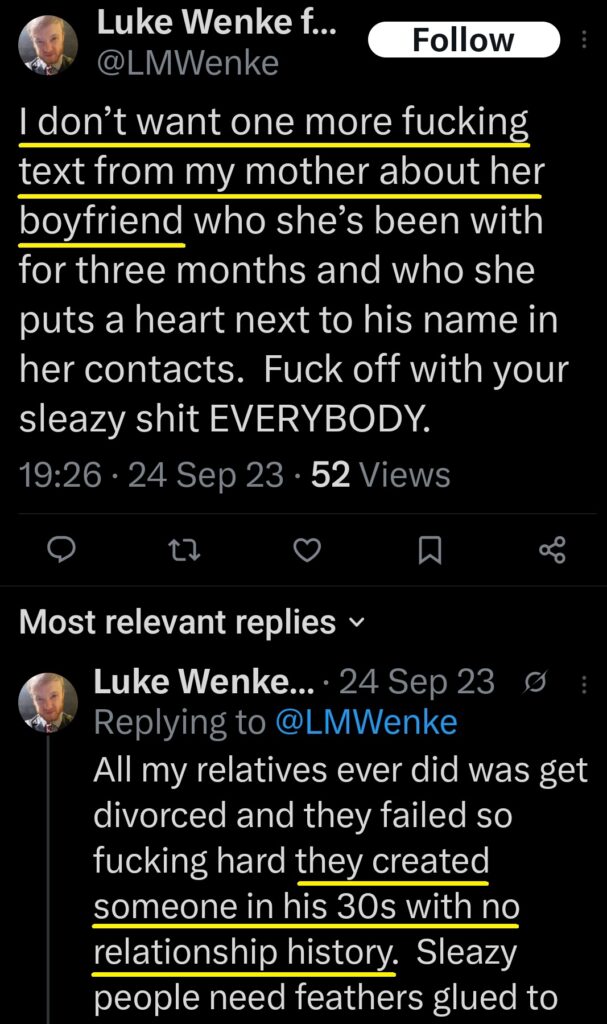luke wenke x twitter screenshot incel talk jealous of mommy 2023