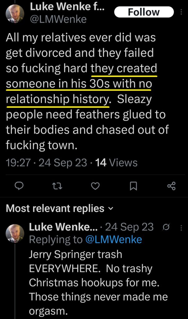 luke wenke x twitter screenshot incel talk jealous of mommy 2023