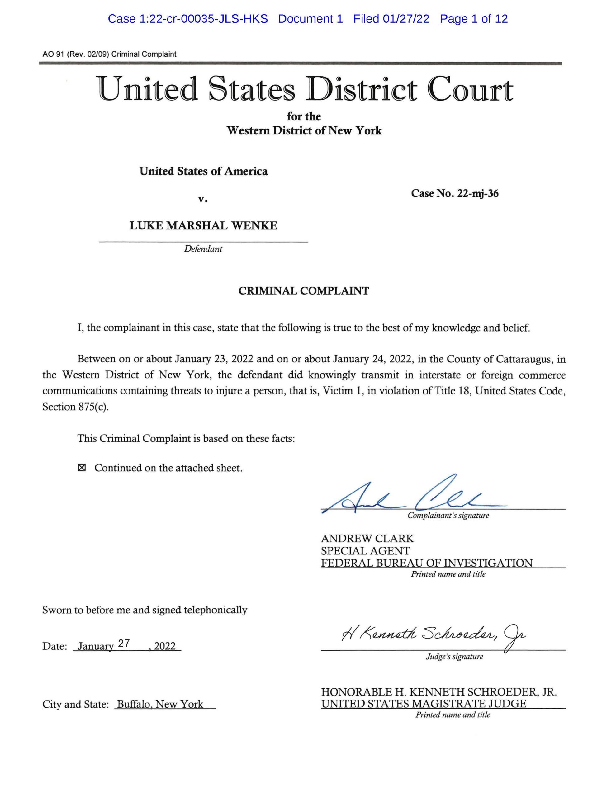 the federal government's cyberstalking complaint against luke wenke january 2022 case 1:22-cr-00035