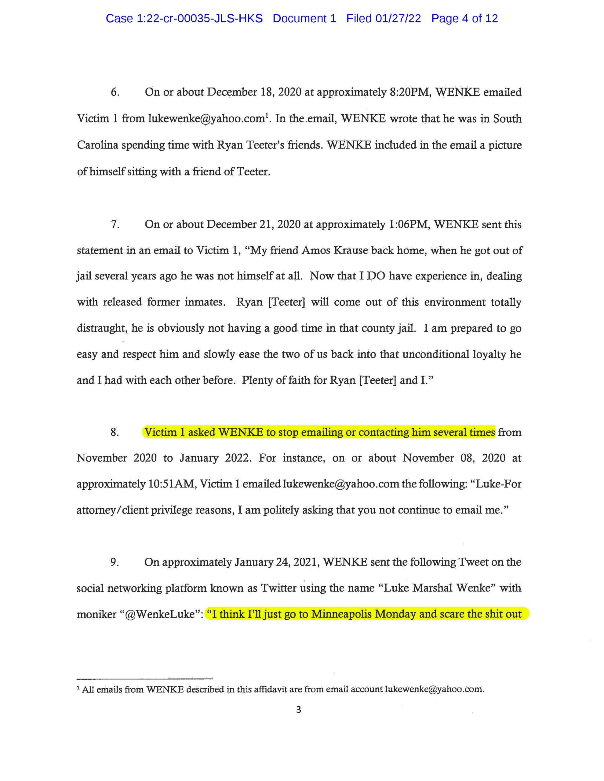 the federal government's cyberstalking complaint against luke wenke january 2022 case 1:22-cr-00035