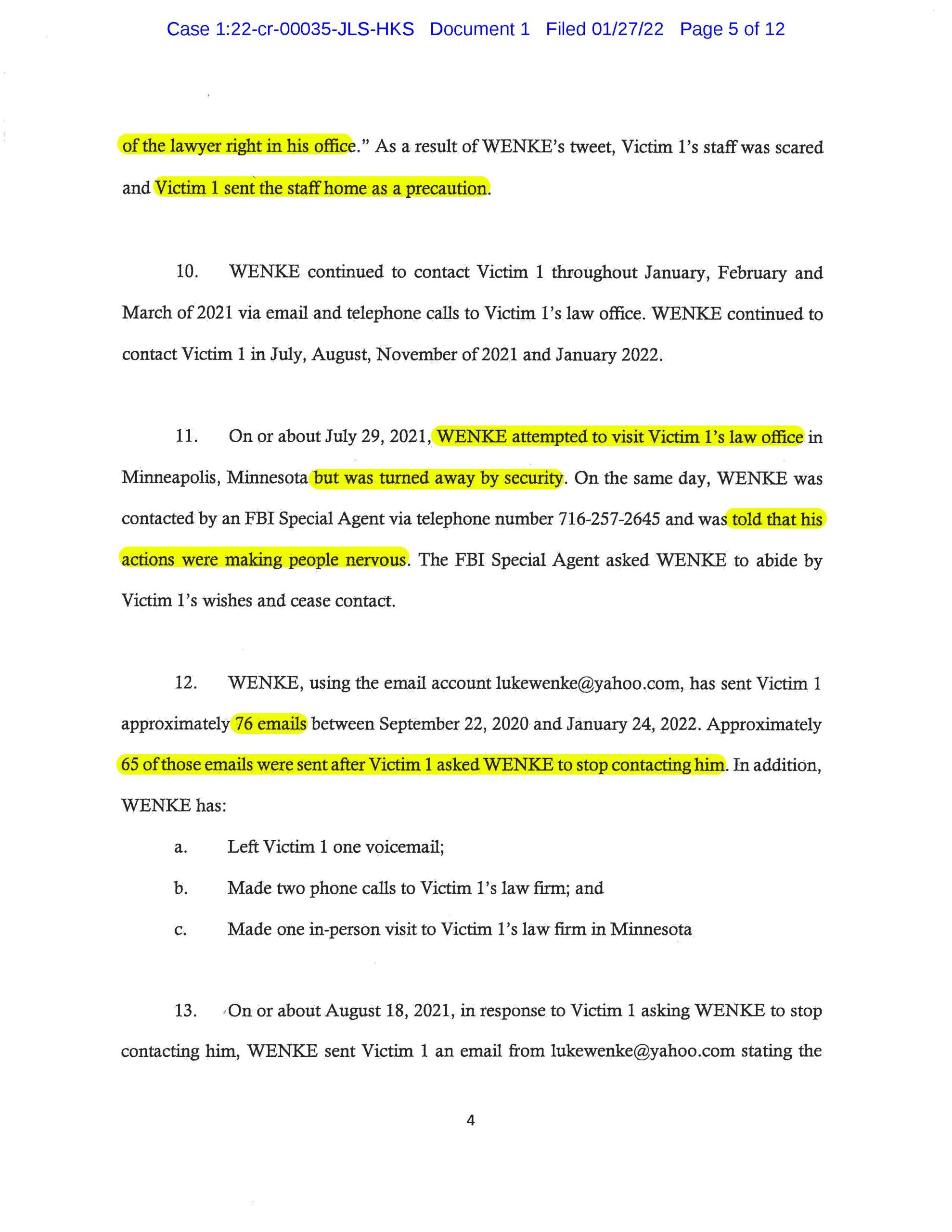 the federal government's cyberstalking complaint against luke wenke january 2022 case 1:22-cr-00035