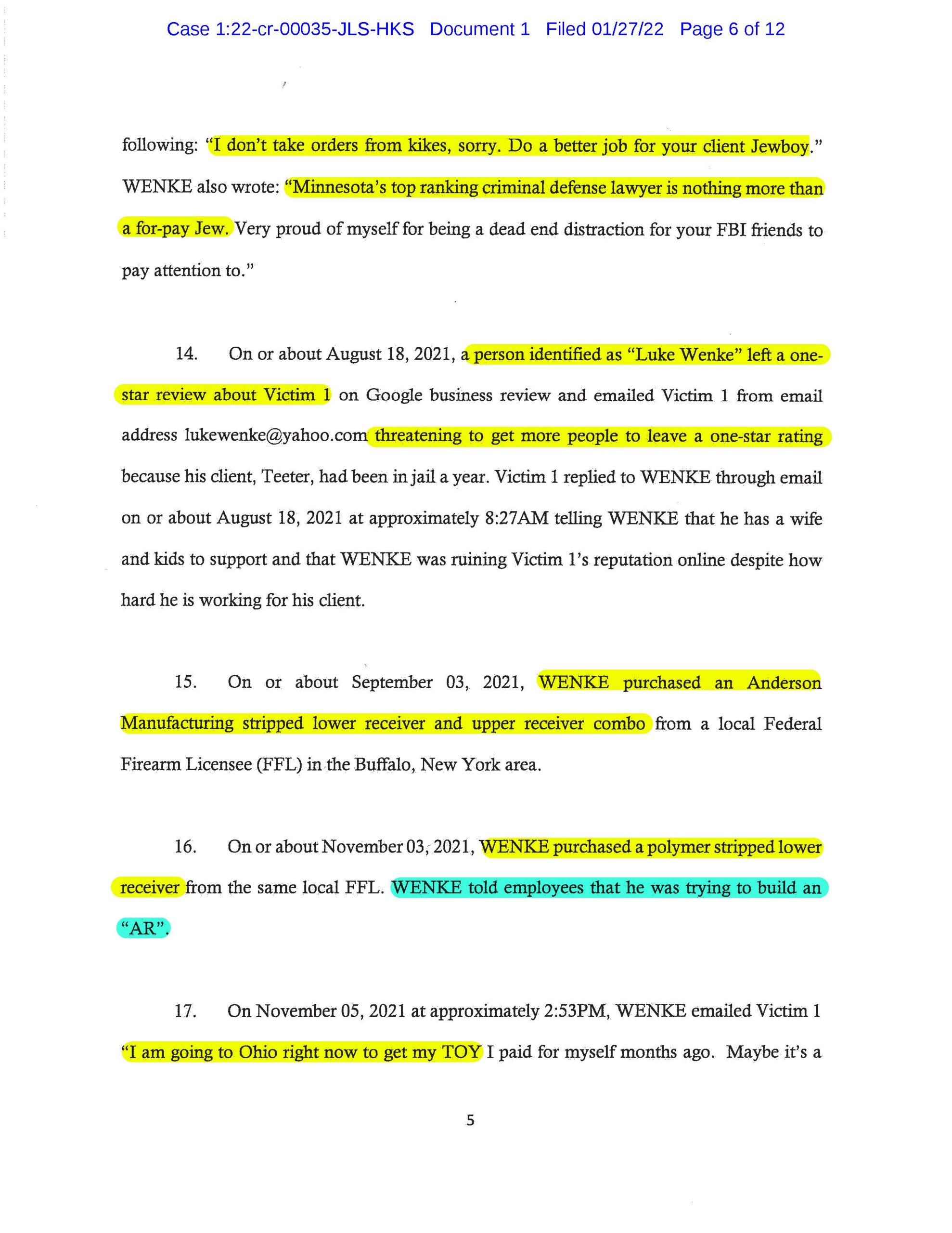 the federal government's cyberstalking complaint against luke wenke january 2022 case 1:22-cr-00035