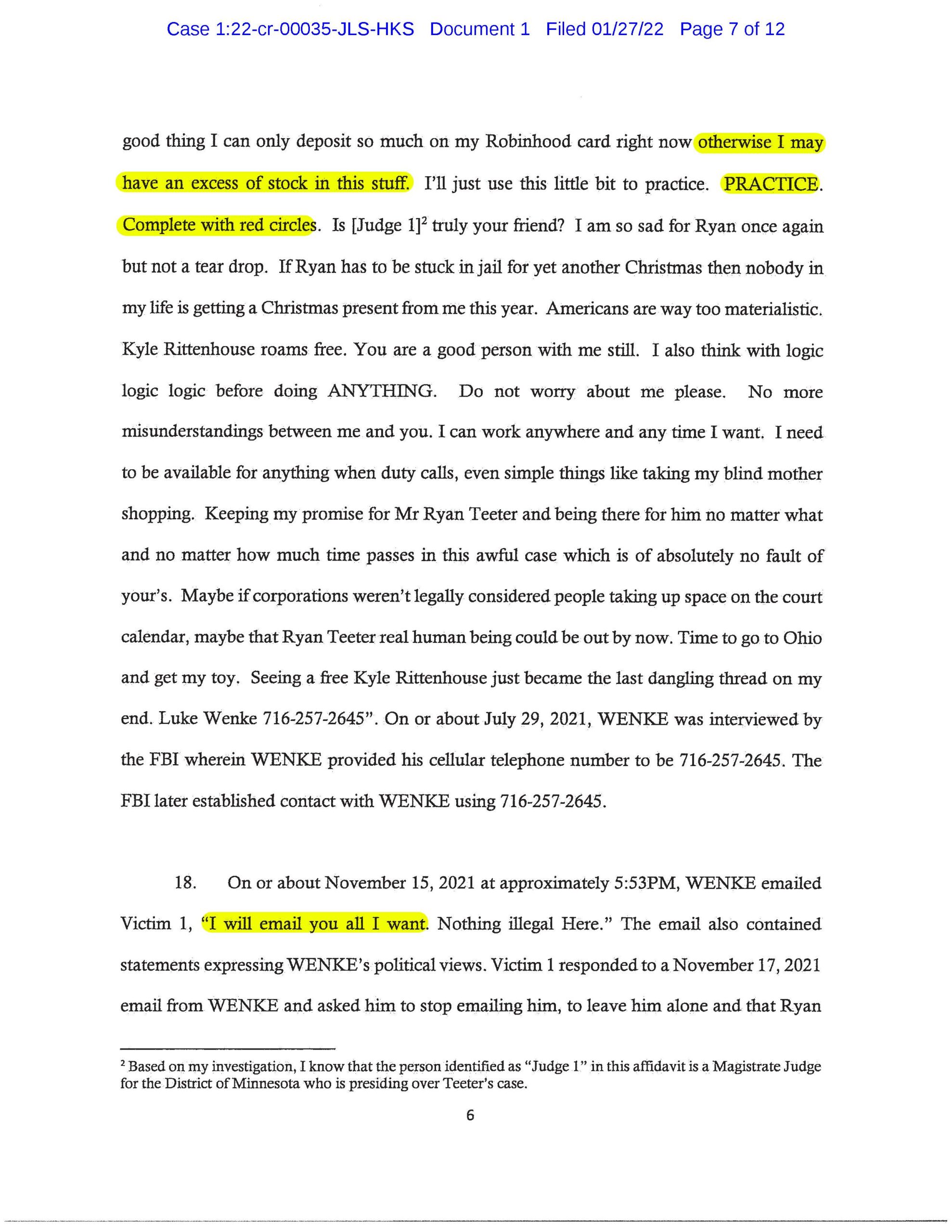the federal government's cyberstalking complaint against luke wenke january 2022 case 1:22-cr-00035