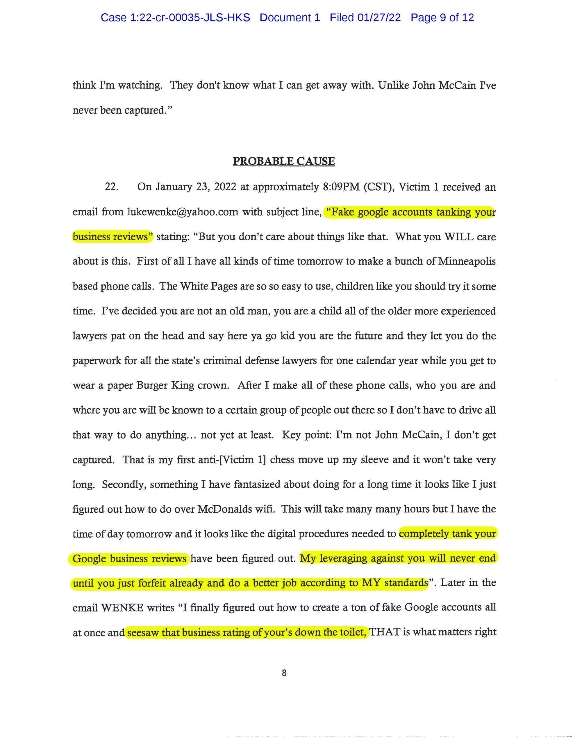 the federal government's cyberstalking complaint against luke wenke january 2022 case 1:22-cr-00035