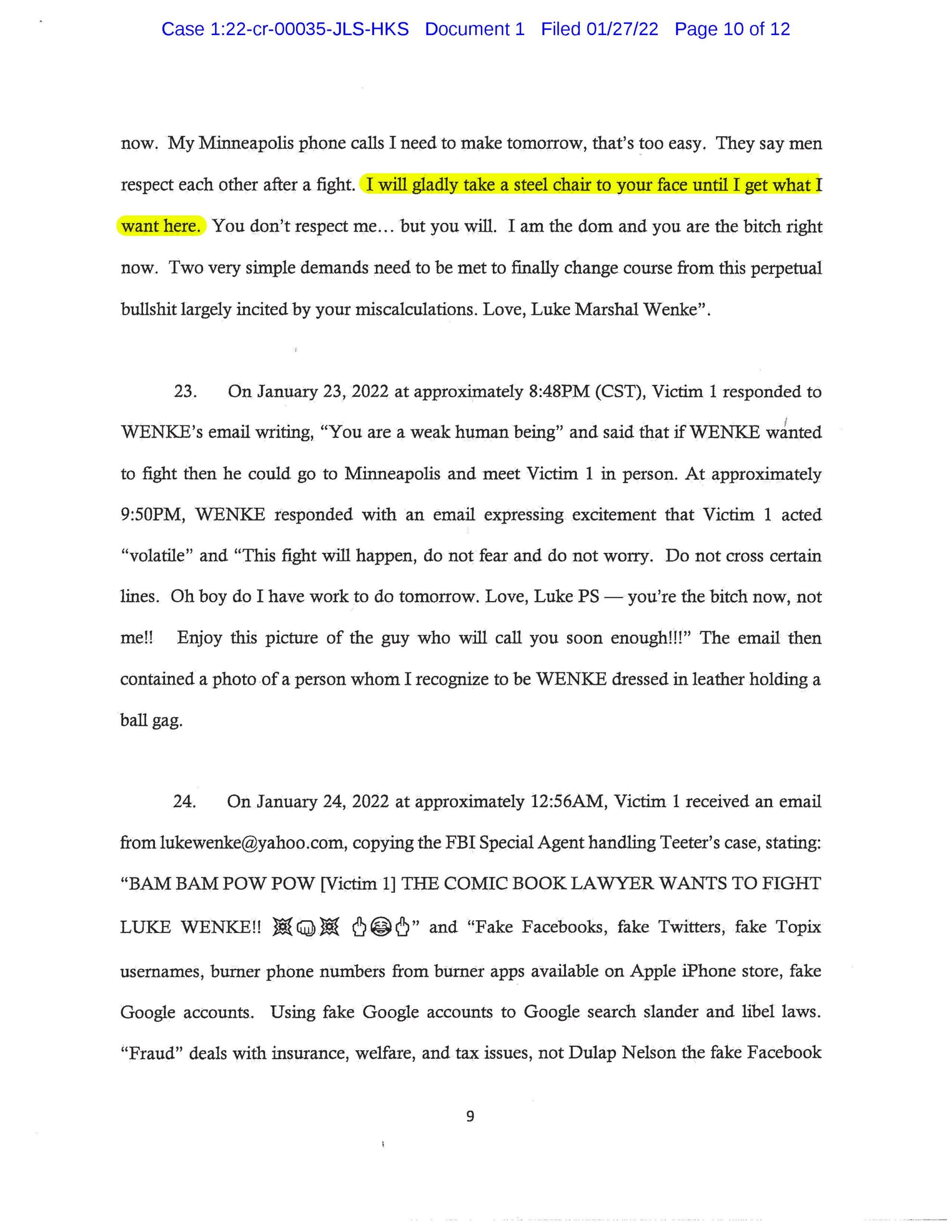 the federal government's cyberstalking complaint against luke wenke january 2022 case 1:22-cr-00035