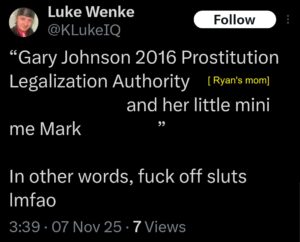 screenshot of a 2025 luke wenke slut-shaming tweet