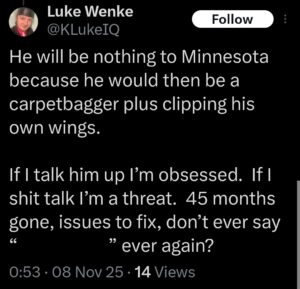 luke wenke x twitter screenshot cyberstalking victim minnesota attorney 2025