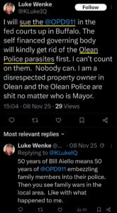 luke wenke x twitter screenshot threats to sue olean police bill aiello 2025