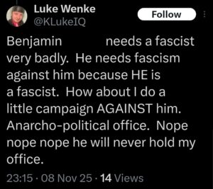 luke wenke x twitter screenshot benjamin ryan tetter obsession 2025