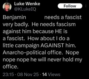 luke wenke x twitter screenshot benjamin ryan tetter obsession 2025