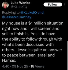 luke wenke x twitter screenshot demands owed house repairs 2025