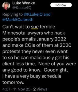 luke wenke x twitter screenshot threats to sue cyberstalking victim minnesota attorney 2025