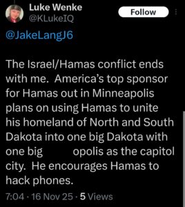 luke wenke x twitter screenshot cyberstalking victim minnesota lawyer threats 2025 hamas