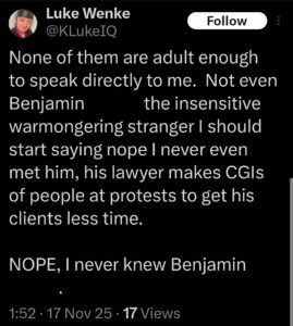 luke wenke x twitter screenshot benjamin ryan teeter obsession 2025