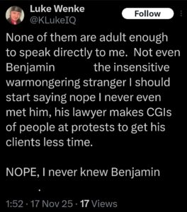 luke wenke x twitter screenshot benjamin ryan teeter obsession 2025