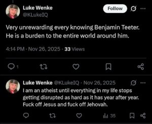 screenshot of a november 2025 x/twitter post about luke wenkes stalking victim ryan teeter