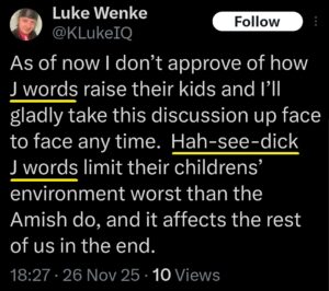 an antisemitic x/twitter post by luke wenke targeting hasidic Jews november 2025