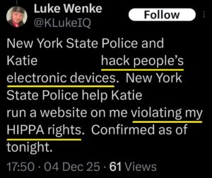 luke wenke x twitter screenshot false allegations hacking collusion conspiracy HIPAA violations