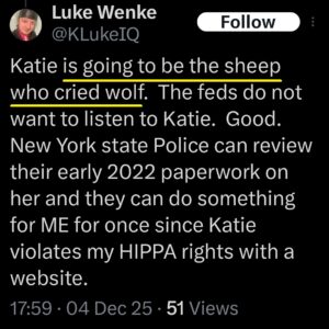 luke wenke x twitter screenshot threats katie obsession 2025