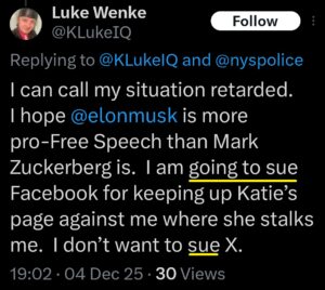 luke wenke x twitter screenshot threats to sue facebook 2025