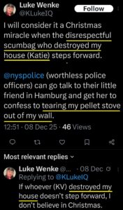 luke wenke x twitter screenshot false allegations vandalism property damage katie obsession 2025