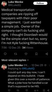 luke wenke x twitter screenshot doordash medical transportation job complaint 2025
