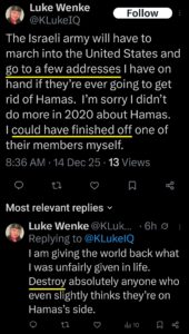 luke wenke x twitter screenshot threats violence predictions 2025