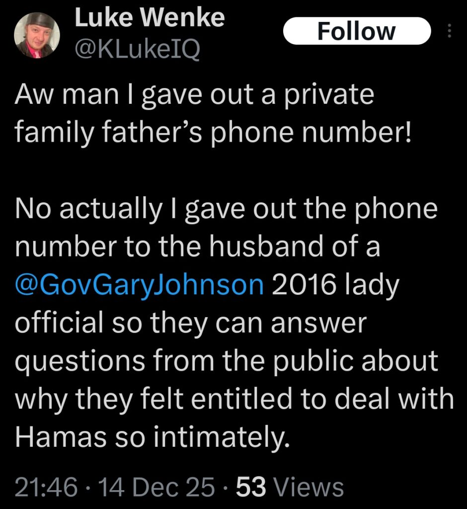 a screenshot of a december 2025 luke wenke post admitting to doxxing a victim