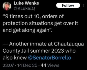 a screenshot of a december 2025 luke wenke x/twitter post about violating orders of protection