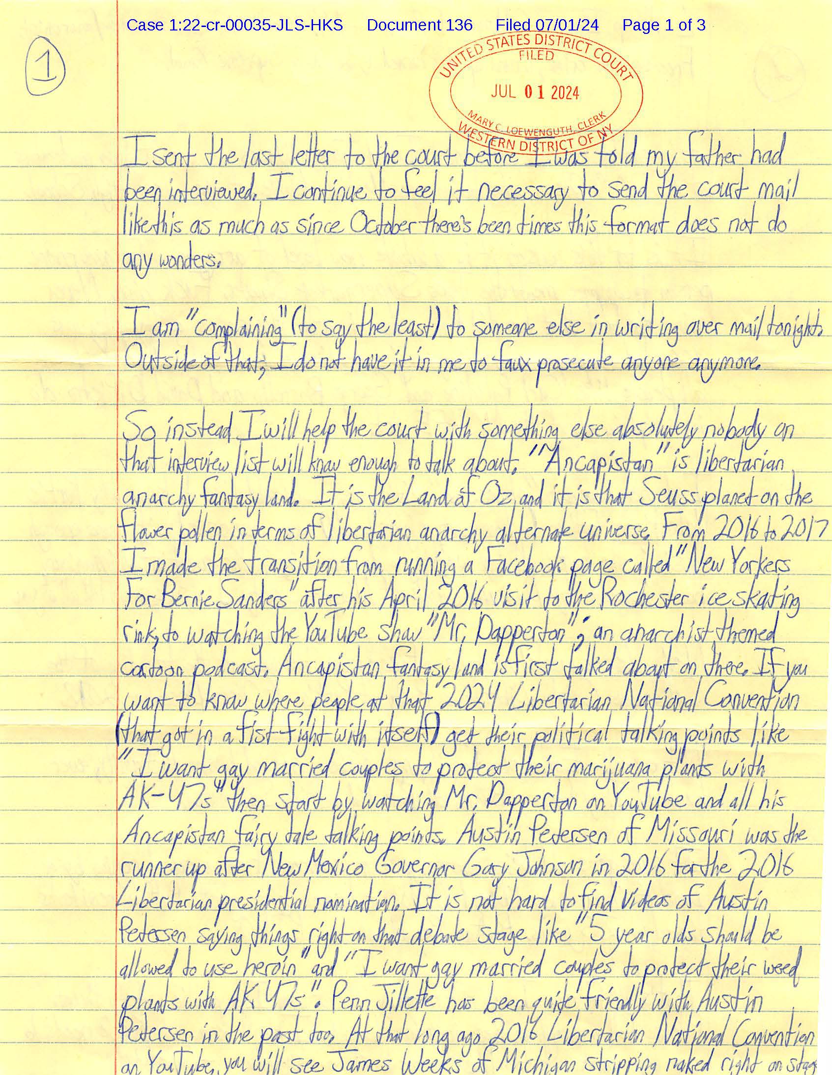 Page 1 of Luke Wenke’s July 2024 handwritten federal court letter discussing “Ancapistan,” libertarian politics, Bernie Sanders, and the Libertarian National Convention.
