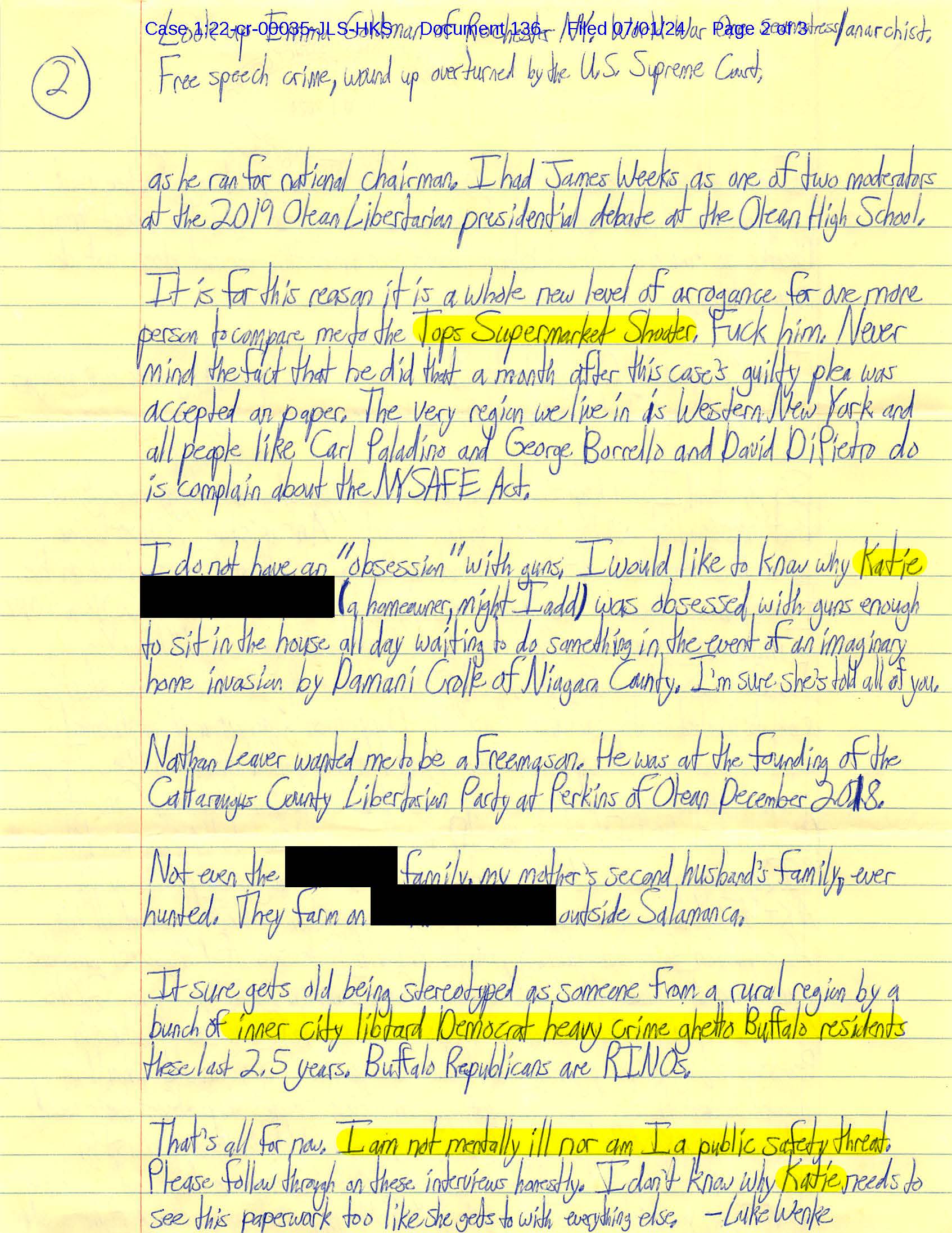 Page 2 of Luke Wenke’s July 2024 federal court letter discussing Katie, the Tops supermarket shooter, libertarian politics, and his claim that he is not a public safety threat.