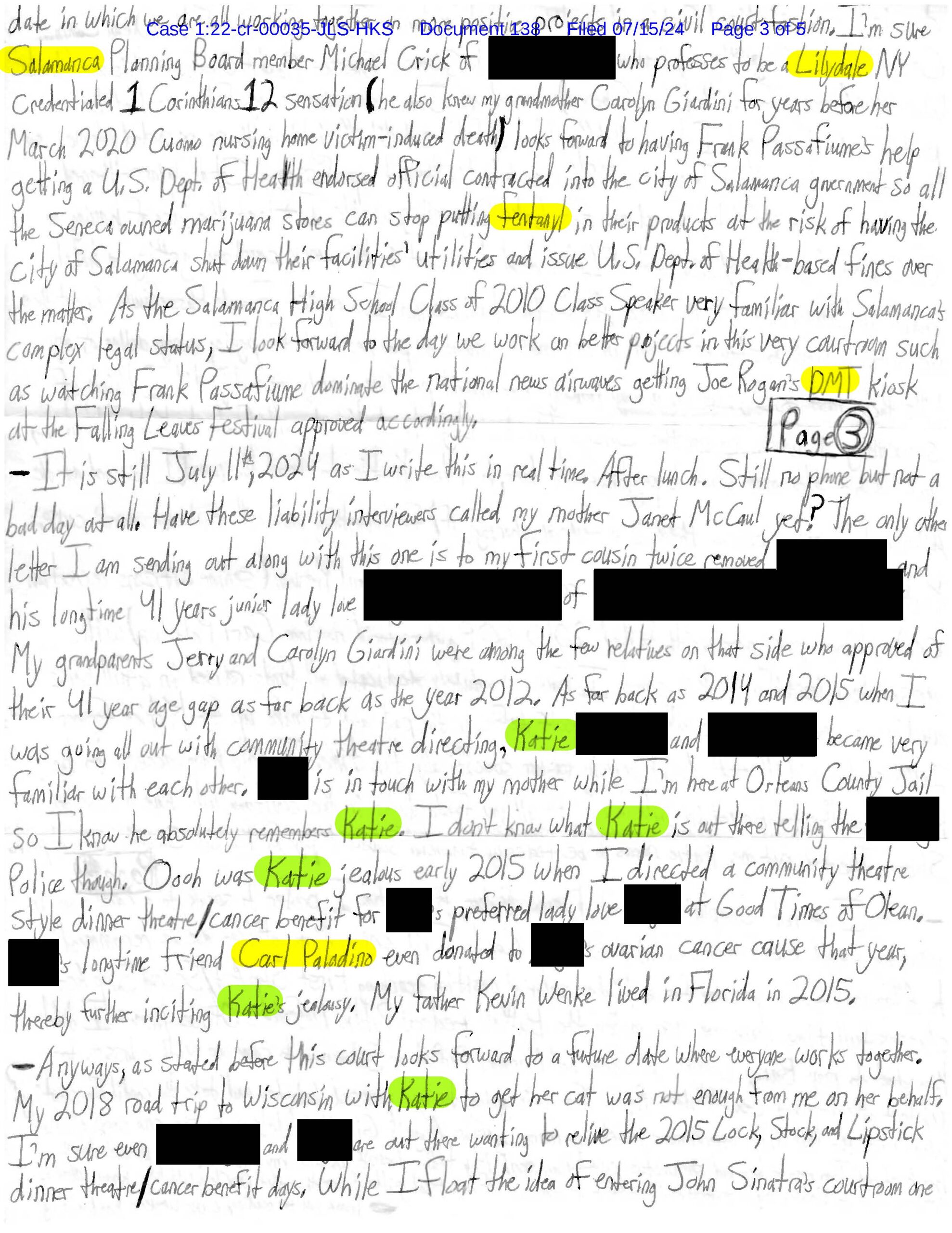 Page 3 of Luke Wenke’s July 2024 federal court letter discussing Katie, Michael Crick, Salamanca, family connections, and past interactions involving Katie.