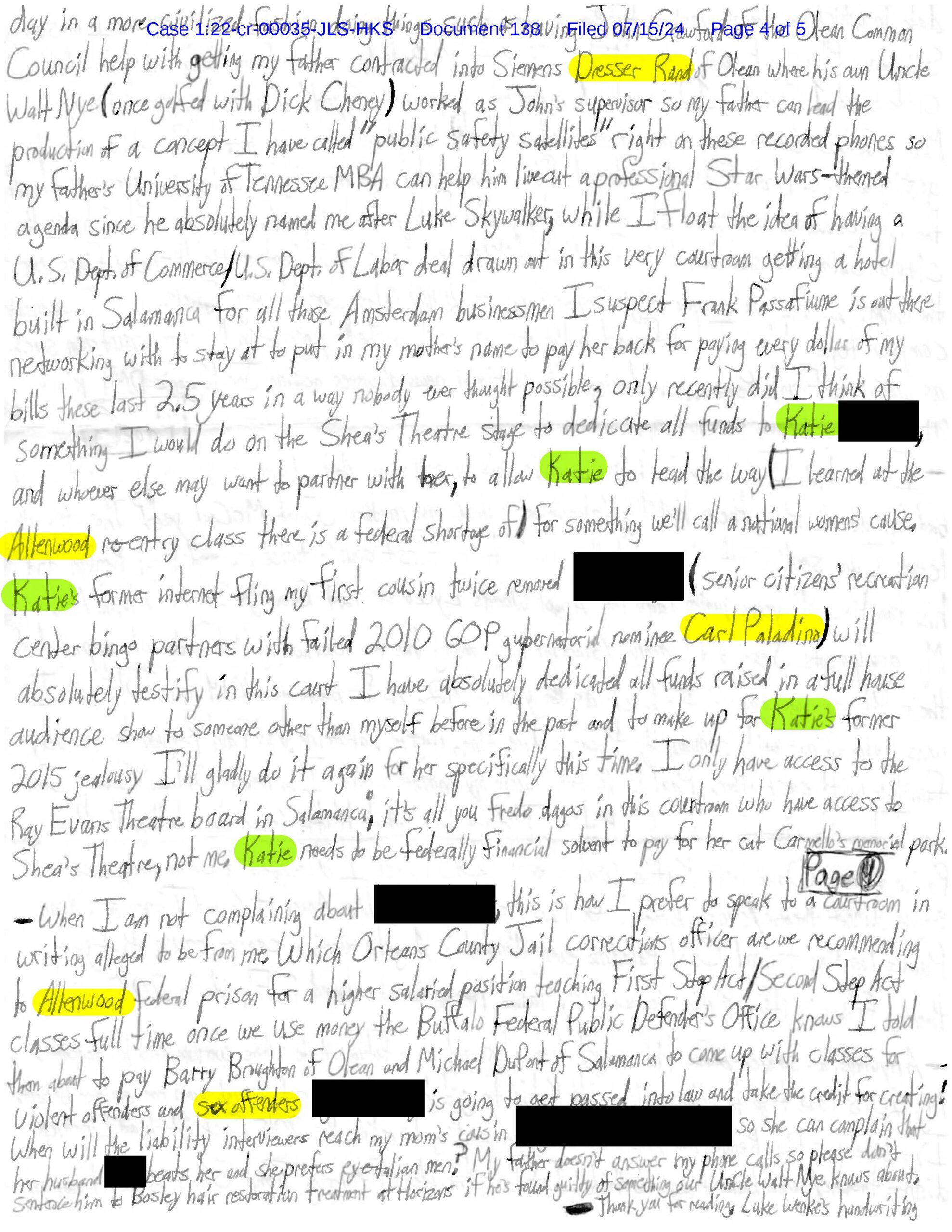 Page 4 of Luke Wenke’s July 2024 federal court letter discussing Katie, Carol Paladino, his father, Shea’s Theatre, and federal prison.