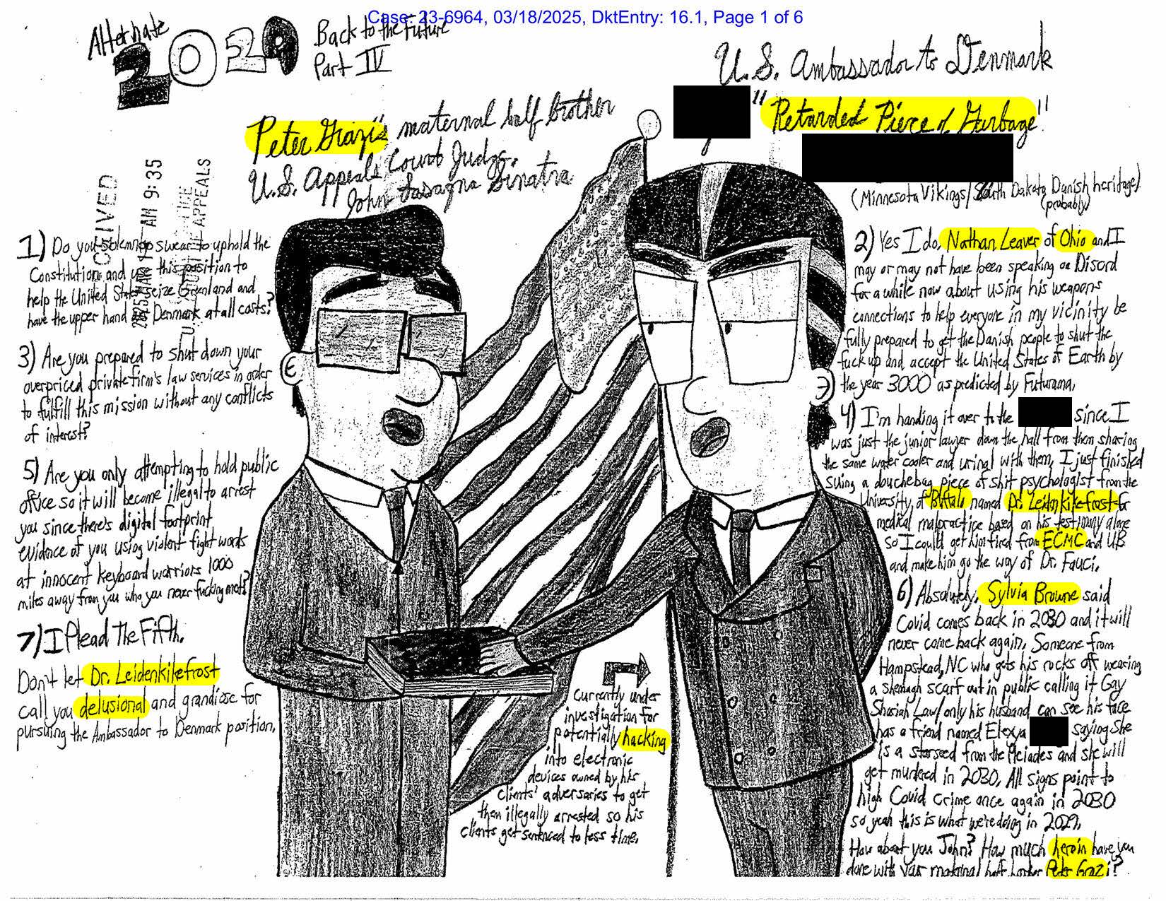 Handwritten and illustrated Luke Wenke letter to U.S. Court of Appeals judges discussing Denmark, Peter Bjorn, politics, hacking allegations, and other individuals.