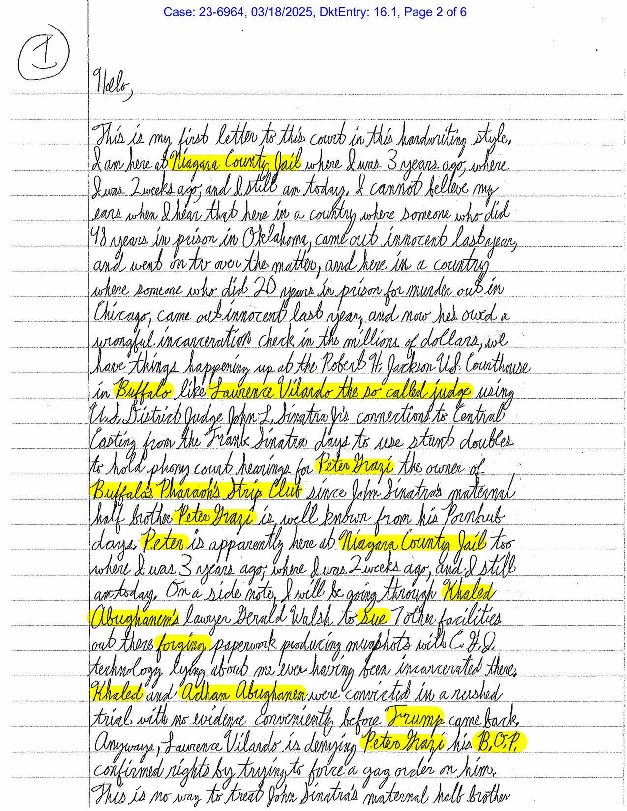 Handwritten Luke Wenke letter to the U.S. Court of Appeals discussing Niagara County Jail, Buffalo federal courts, Peter Gerace, Lawrence Vilardo, and wrongful incarceration claims.